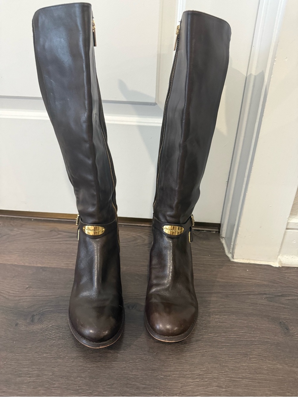 Michael Kors Tall Dark Brown Leather Riding Boots with Gold Hardware